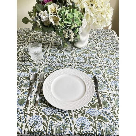 ATOSII Clover Blue 100% Cotton Round Boho Fall Tablecloth, Handblock Floral Table Cloth Linen for Kitchen Dining I Parties Wedding Outdoors Christmas Thanksgiving I Fall Home