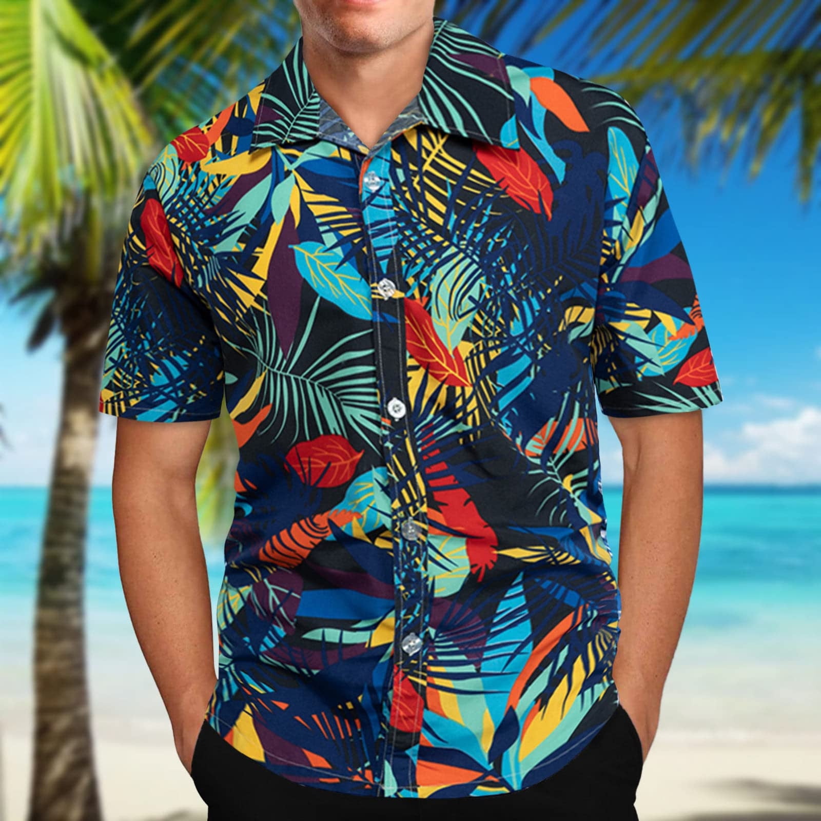 ZCFZJW Mens Summer Tropical Shirts Summer Floral Print Short Sleeve Button  Down Aloha Hawaiian Shirts Big and Tall Regular Fit T-Shirt Top Black XL