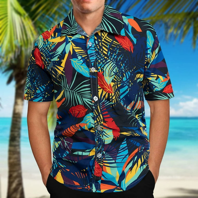 Hfyihgf Men's Hawaiian Floral Shirts Summer Short Sleeve Tops Button Down Tropical Holiday Beach Shirts(Navy,L), Size: Large