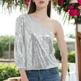 thumbnail image 3 of Women's Summer Sparkle Sequins One Shoulder Top Blouse Cocktail Casual Glitter Sequined T-Shirt Tops- Large,Silver, 3 of 6