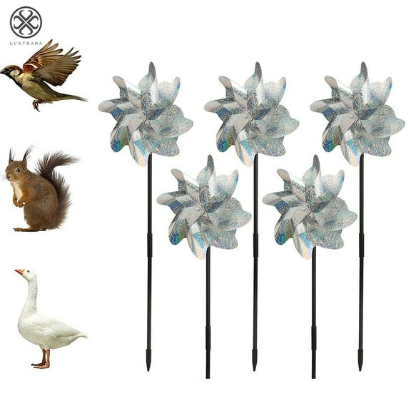Luxtrada 5 Pack Reflective Pinwheels with Stakes, Extra Sparkly Pin Wheel for Garden Decor, Bird Devices Deterrent