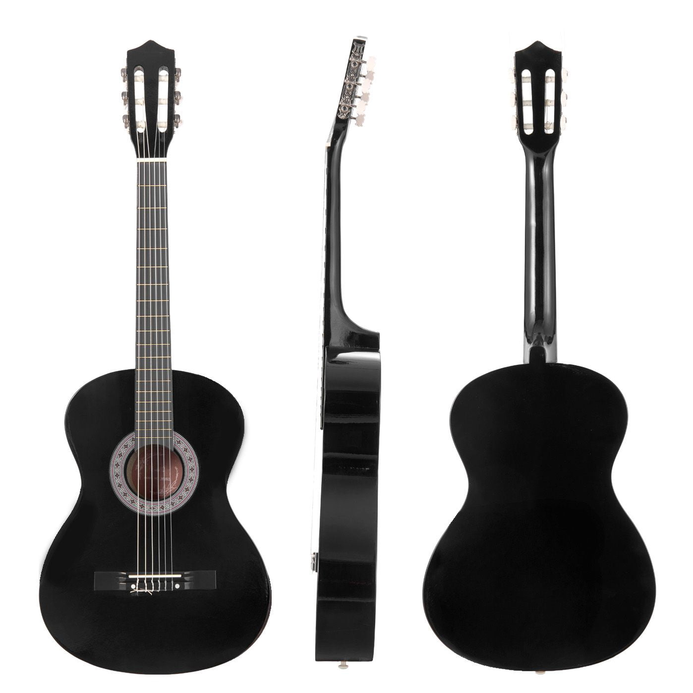 Classical Guitar Starter Set 38 Inch, Nylon String Wooden Full Set of Accessories with Tuner Capo, Teen Adult Student, Black