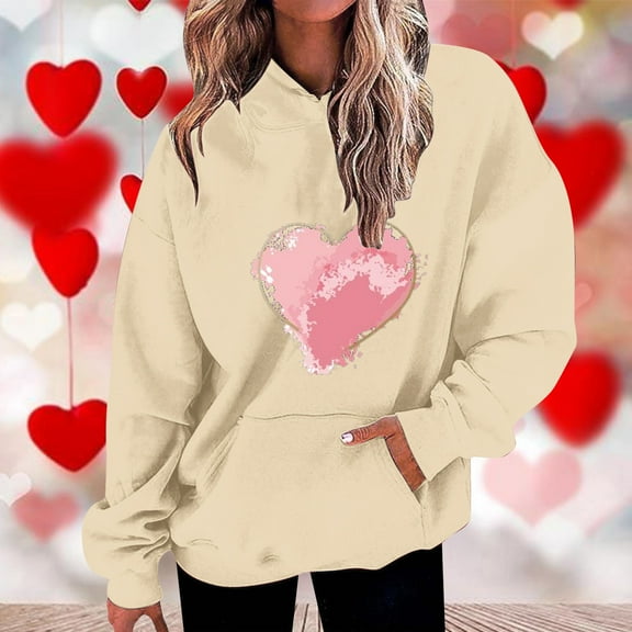 DDAPJ pyju Womens Pink Hoodie for Valentine's Day Love Heart Print Hooded Sweatshirt Casual Long Sleeve Drawstring Pullover Tops Oversized Drop Shoulder Hoodies with Front Pocket Beige L
