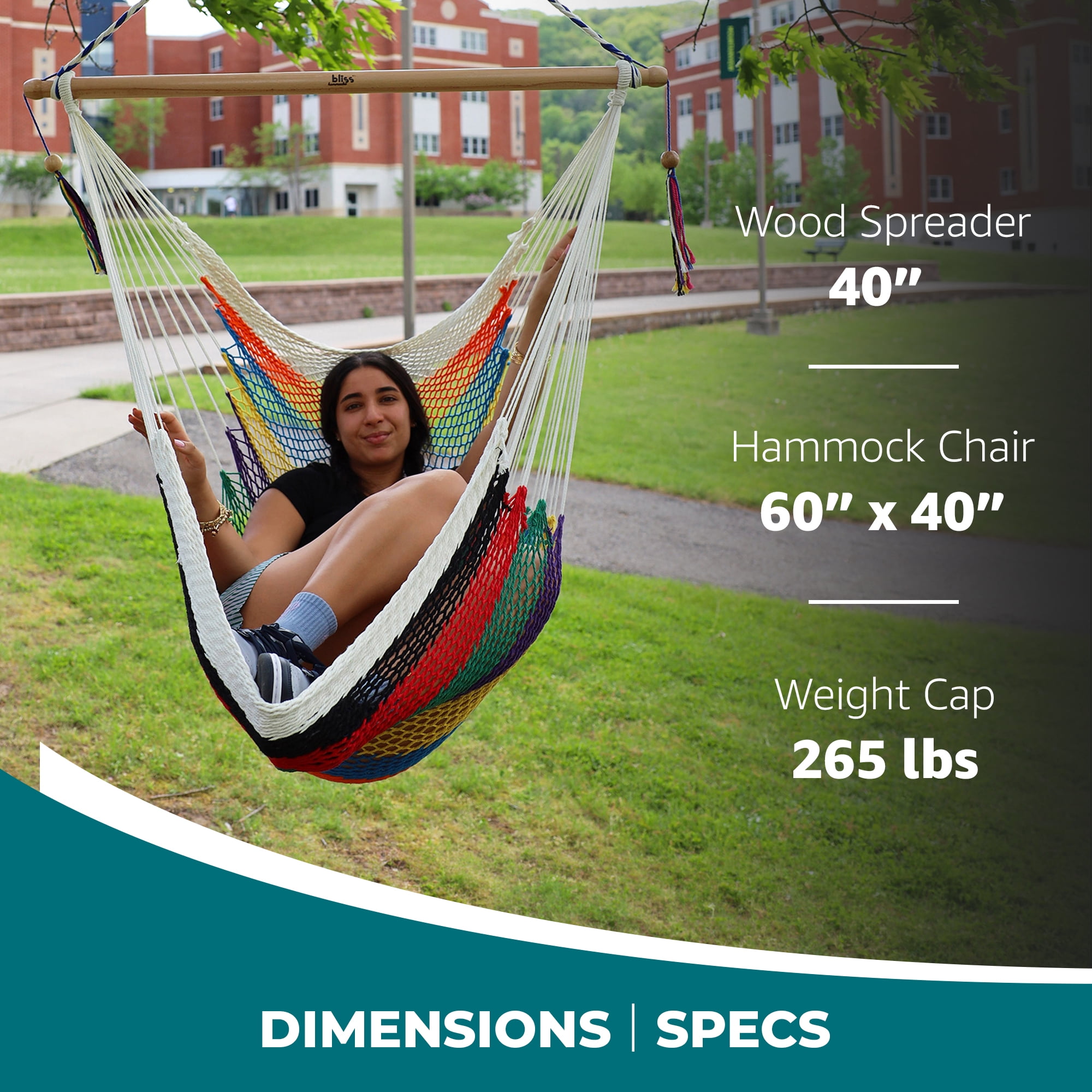 Bliss Hammocks Island Rope Hammock Chair W/ Spreader Bar - Multi-Color, 60" L x 40" W