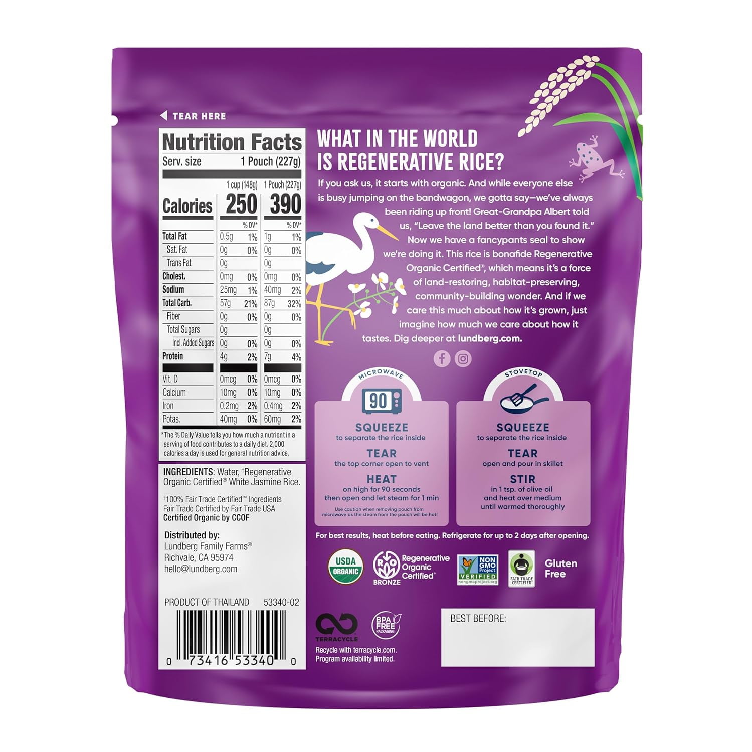 Lundberg Organic White Jasmine Rice Fully Cooked & Ready to Heat Tahi Hom Mali - 8 oz Pack of 2
