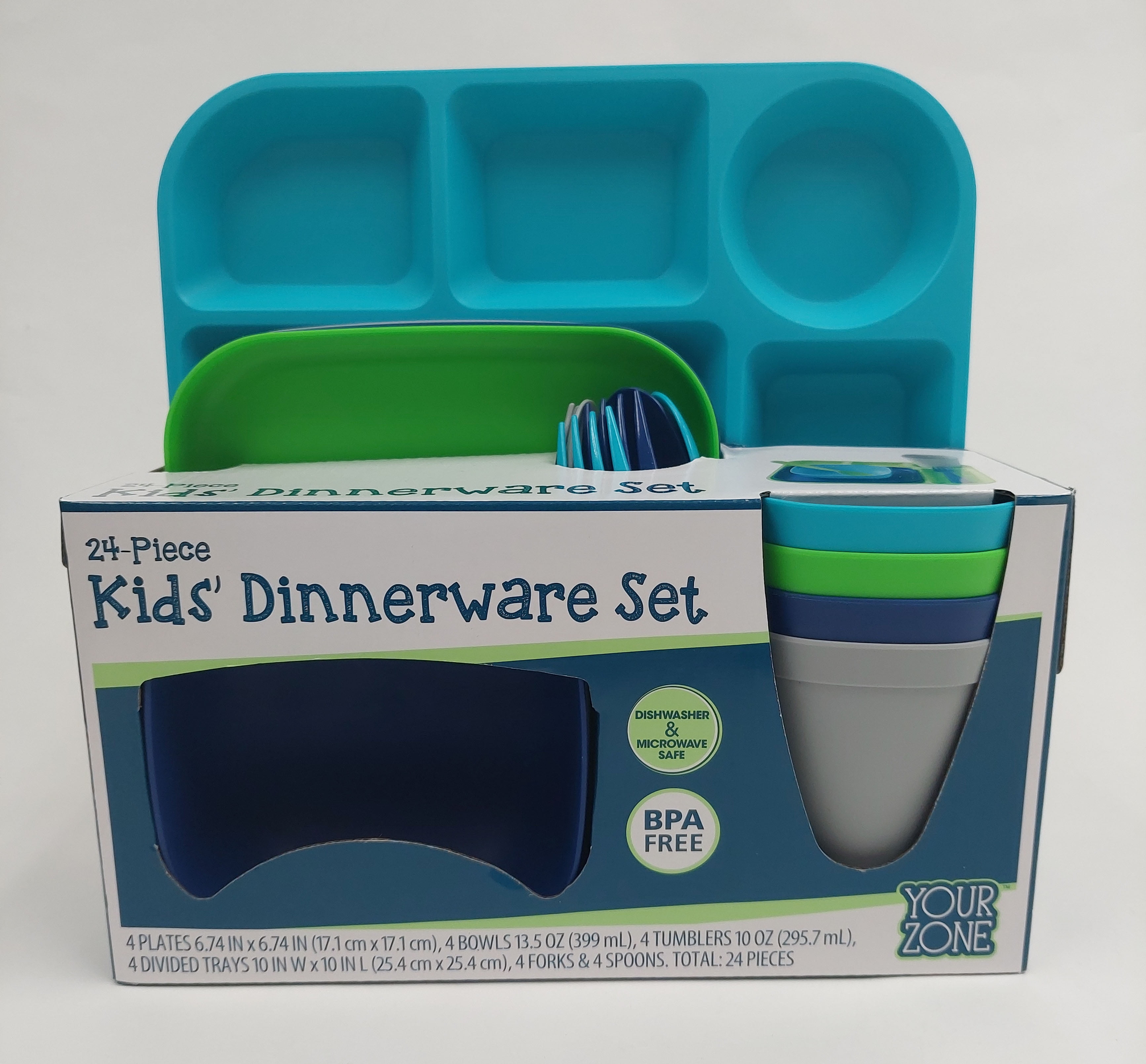Your Zone 24 Piece Plastic Dinnerware Set for Kids with 4 each Trays