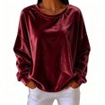thumbnail image 2 of thefmos Women's Round Neck Velvet Pullover Top Long Sleeve Solid Color Casual Loose Fit Sweatshirt Trendy Fall Winter Outfit, Wine L, 2 of 6
