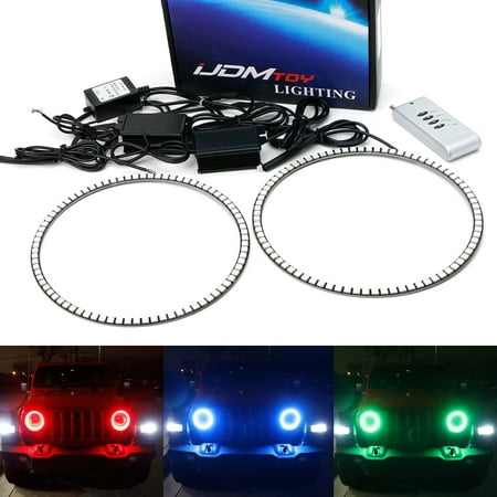 iJDMTOY (2) 7-Color RGB LED Angel Eye Halo Rings w/ Wireless Remote For 2018-up Jeep Wrangler JL Standard Halogen Headlamp