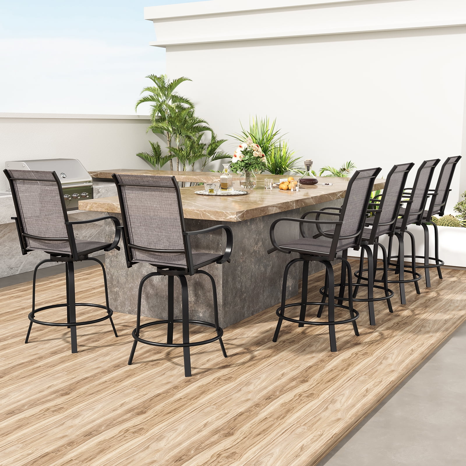 Aukfa Set of 2 Outdoor Swivel Bar Stools, 360° Patio Bar Height Chairs w/ Textilene Fabric & Footrest for Backyard/Deck,Gray