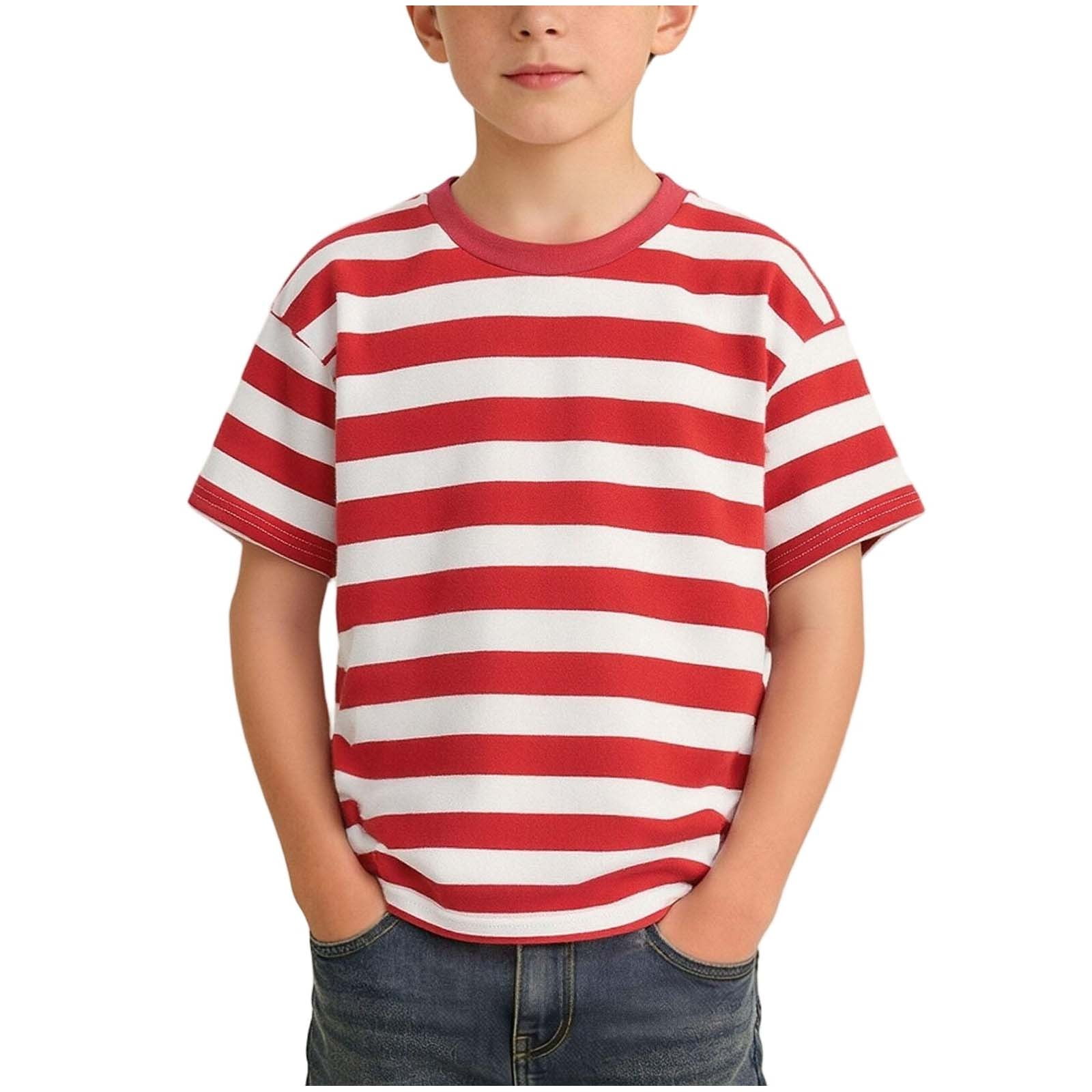 FSYBOA Boys Cotton T-shirts Crew Neck Shorts Sleeve Stripe Kids Tees Summer Tops Red Size 7-8 T