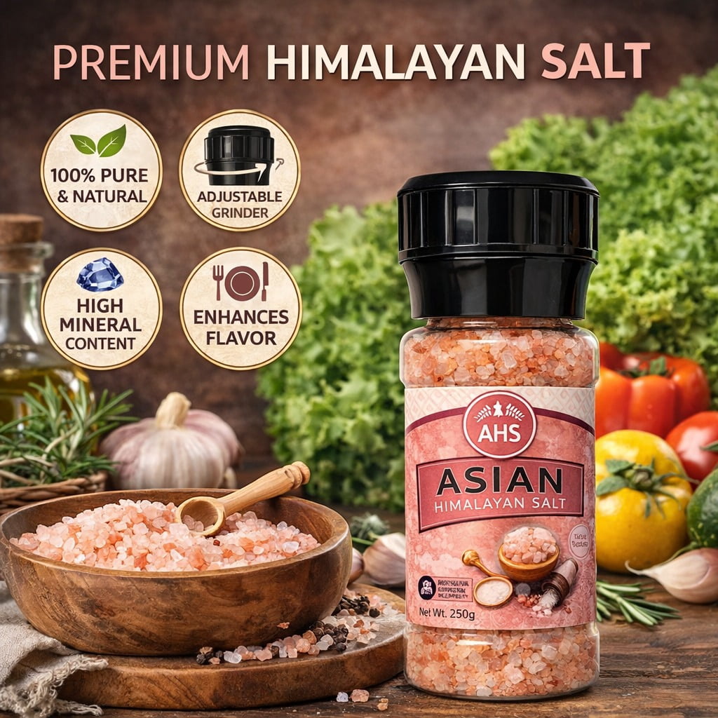 AHS Himalayan Pink Salt Grinder, Coarse Grain Pink Salt Crystals, Natural Pure Food Grade Himalayan Salt, Mineral Rich Seasoning for Cooking & Kitchen Use, 250g Bottle (Pack of 4)