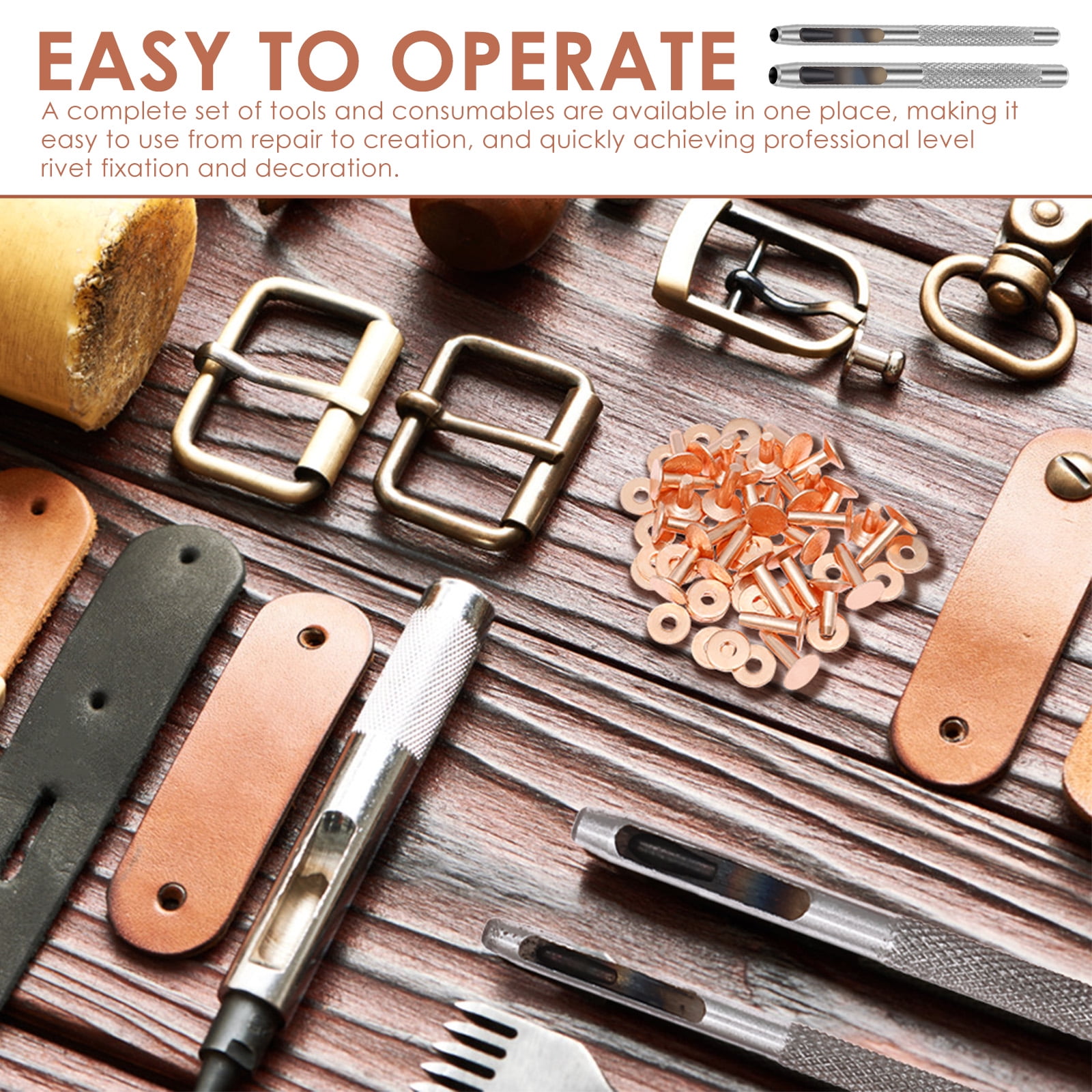 50 Sets Copper Rivet 5 Sizes Leather Rivet with Hole Punches and Washer Setter for Repair and Decorate Belts Handbags Wallets Collars Shoes Clothing Bracelets