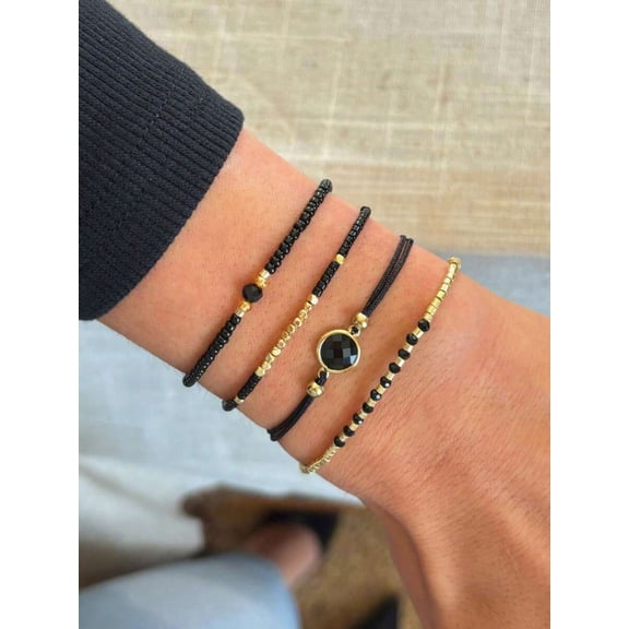 4-Piece Handmade Black Crystal Beaded Mini Bracelet Set for Women - Multicolor