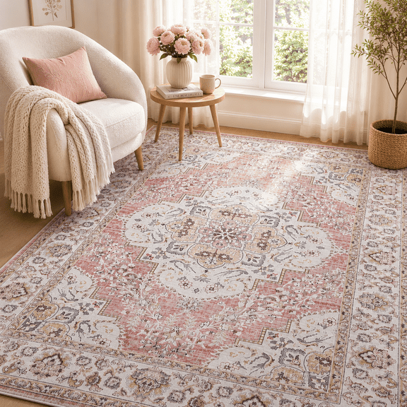 Wondiair 5x7 Rose Pink Vintage Persian Rug – Machine Washable Non-Slip for Living Room & Bedroom