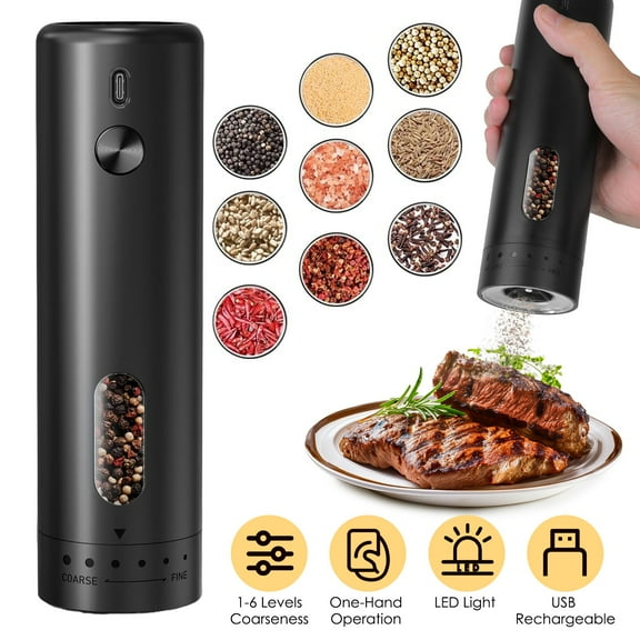 Imountek Electric Pepper Grinder, USB Rechargeable Salt and Pepper Mill, 6 Adjustable Coarseness, One-Hand Operation with LED Light, 110ML Container