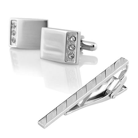 Zodaca Crystal Cuff Links Mens Wedding Party Gift Cufflinks+Silver Striped Tie Clip