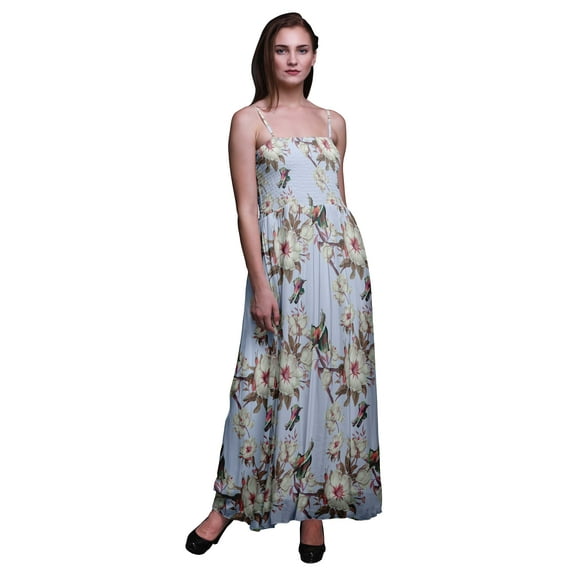 Bimba Floral & Kingfisher Bird Print Women Smocked Bodice Beach Sun Dress-XX-Large
