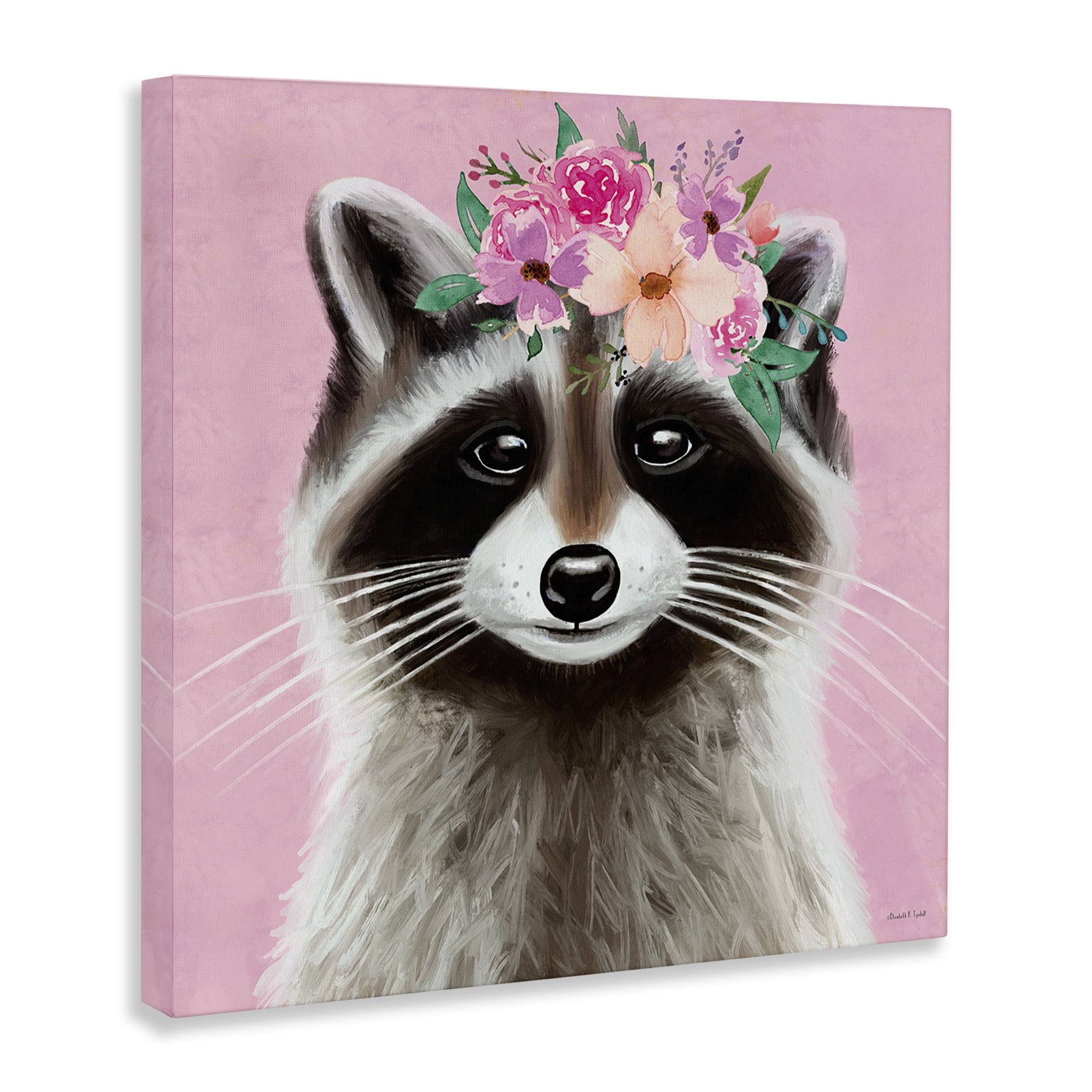 Stupell Industries Pink Florals Raccoon Animals & Insects Painting Gallery Wrapped Canvas Art Print Wall Art, 36 x 36