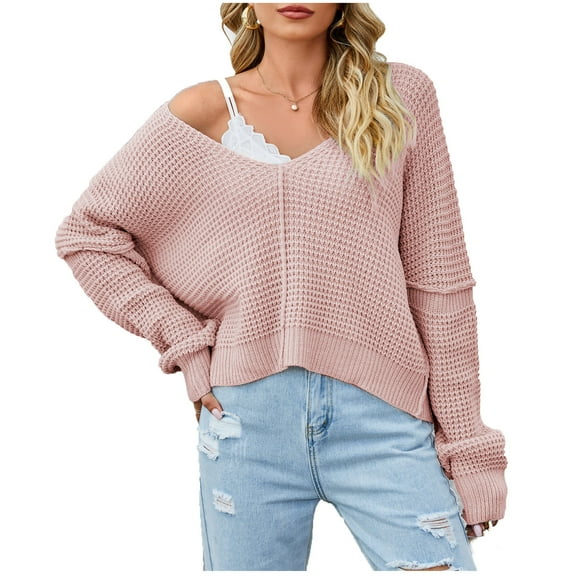 Lovskoo Sweaters for Women Casual Loose Long Sleeve Knitting Round Neck Sweater Blouse Tops Pink
