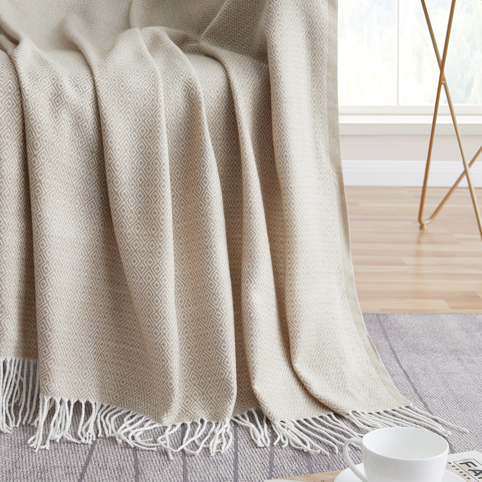 Bourina Herringbone Beige Throw Blanket for Couch, Suitable for Adult, Soft and Lightweight, 50"x 60"