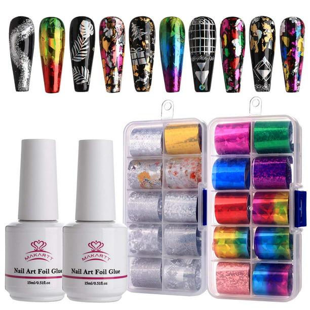 Makartt 2pcs Nail Art Foil Gel Glue with 20 Colorful Holographic Flower  Print Nail Foil Sheets Kit Nail Transfer Stickers Foil Adhesive -  