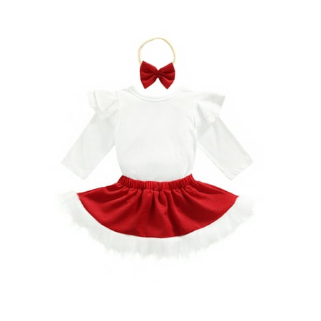 

Toddler Girls Christmas Outfit Solid Color Long-Sleeve Romper with Fluffy Skirt and Headband for
