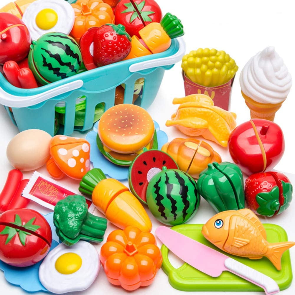 CoolToys Fruit and Vegetable Cutting Playset in Plastic Grocery Basket 13 Pieces 