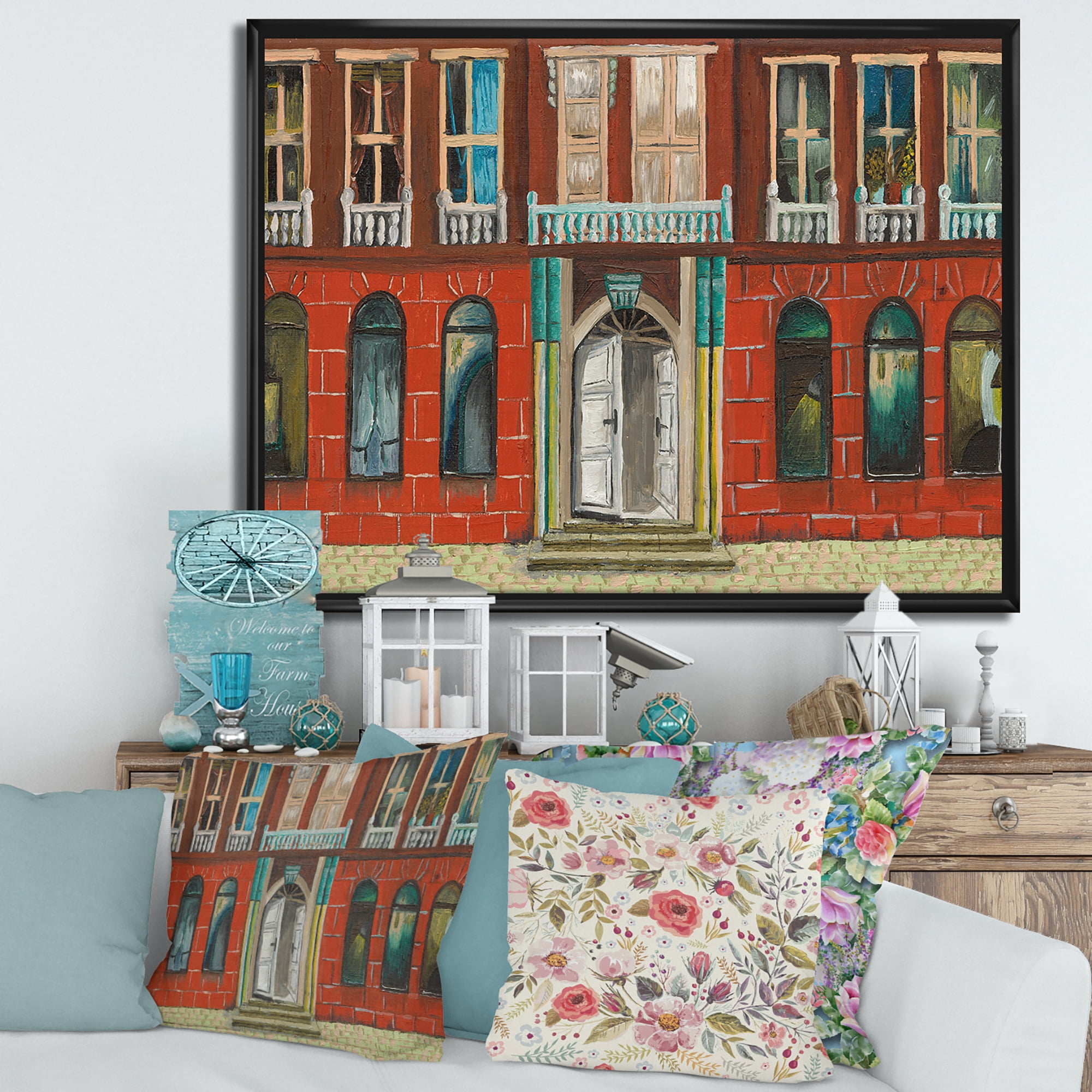 Designart 'Vintage Red Facade of Shop In Paris II' French Country Framed Canvas Wall Art Print