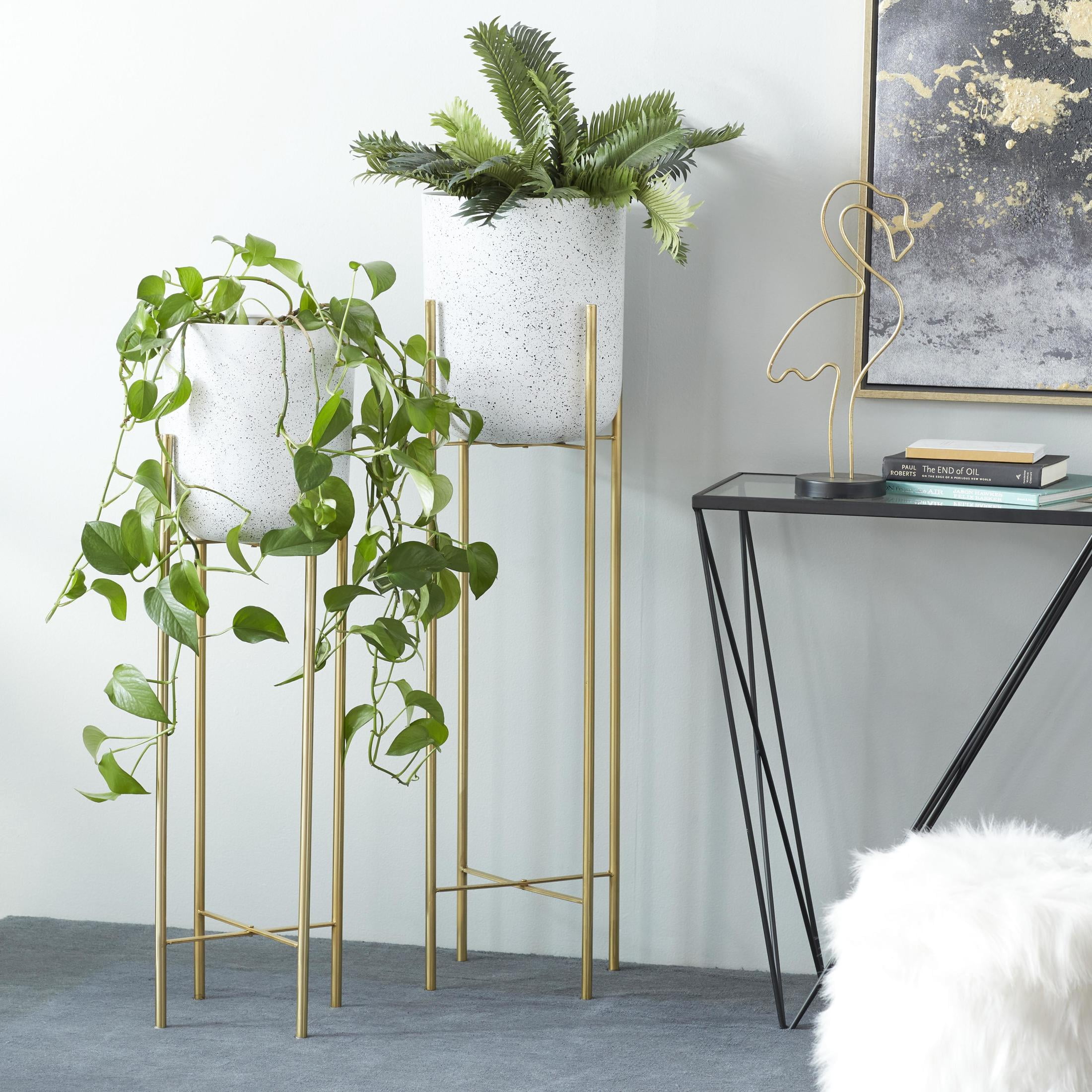 DecMode 39", 46"H Deep Recessed Dome Speckled White Metal Planter with Removable Stand (2 Count)