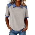 thumbnail image 2 of Women's Denim Patchwork Lapel Collar T-Shirt, Short Sleeve Casual Pullover Top, Soft Loose Fit Streetwear Shirt for Daily Wear and Casual Summer Outfits Beige L, 2 of 9