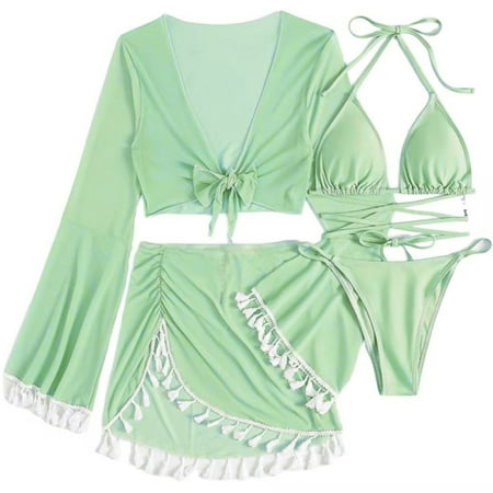 WREESH Women s 4-Piece Bikini Set Fashion String Thong Swimsuit with Tassel Mesh Cover-Up & Fringe Mini Skirt Green