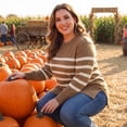 thumbnail image 3 of GRACE & GRANDEUR Women's Plus Size Halloween Outfits Striped Pullover Sweater Long Sleeve Crew Neck Knit Top with Side Slits 4X Camel, 3 of 7