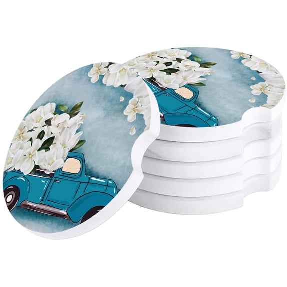 KXMDXA Blue Truck and White Magnolia Oil Painting Texture Set of 4 Car Coaster for Drinks, Absorbent Ceramic Stone Coasters Cup Mat with Cork Base for Home Kitchen Room Coffee Table Bar Decor