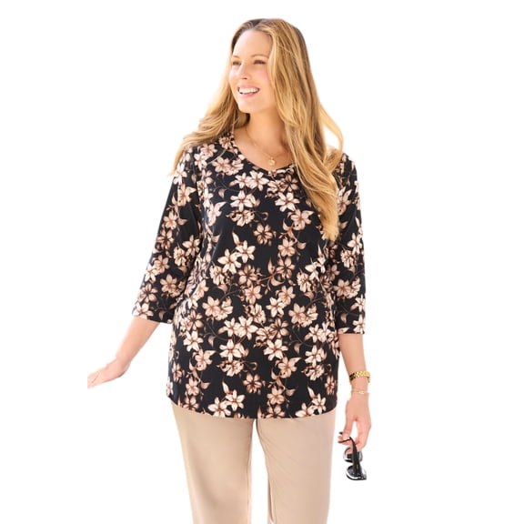 Catherines Women's Plus Size Suprema 3/4 Sleeve V-Neck Tee