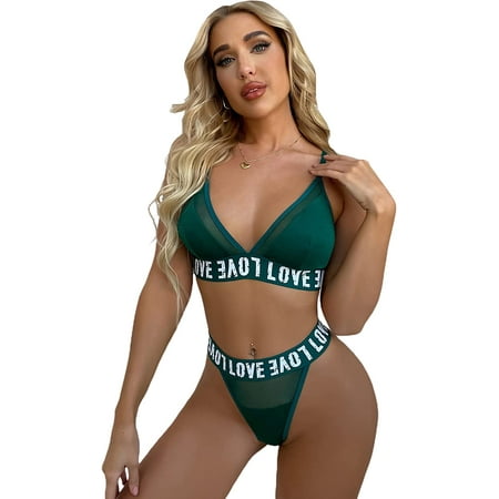 

ZWJHBFGRAASD Women s Contrast Mesh Letter Print Bra and Panty Lingerie Set