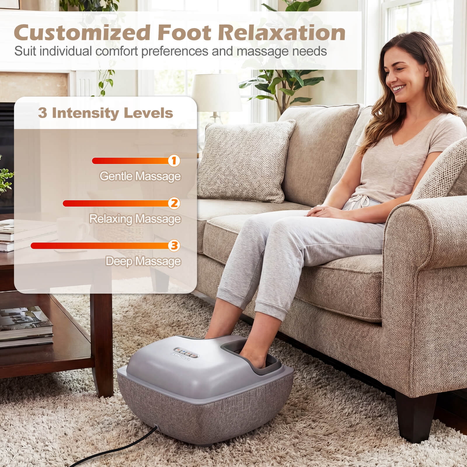 Costway Shiatsu Foot Massager with Heat, 3-Level Deep Kneading & Air Compression, Timer Gray