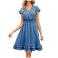 thumbnail image 2 of Sakmal Summer Dresses for Women Under $10 Mid-Length Blue V-Neck Basic Ruffle Short Sleeve Solid A-Line Dress, 2 of 7