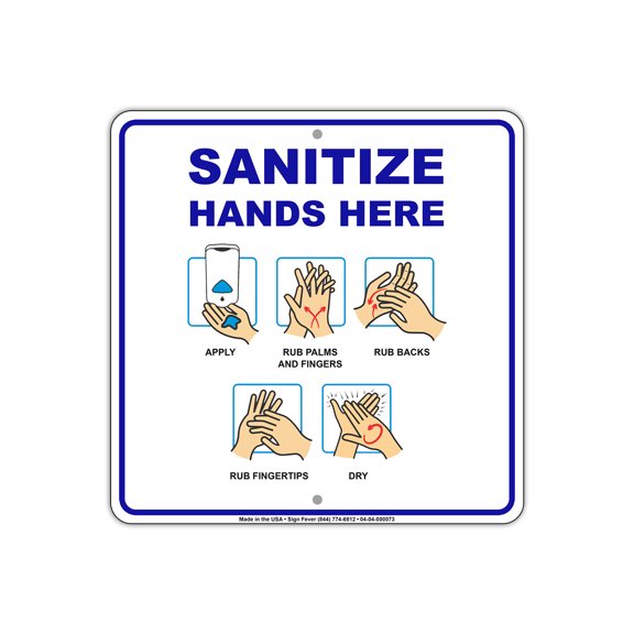 Sanitize hands Here Apply Rub Palms Dry Notice Health and Safety Novelty Display Office Notice Outdoor Unique Aluminum Metal Sign 8"x12"