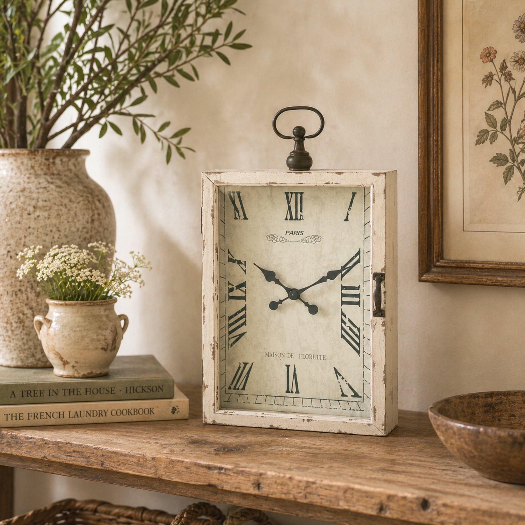 DecMode 20" x 34" White Wooden Finial Pocket Watch Style Wall Clock with Hinged Door