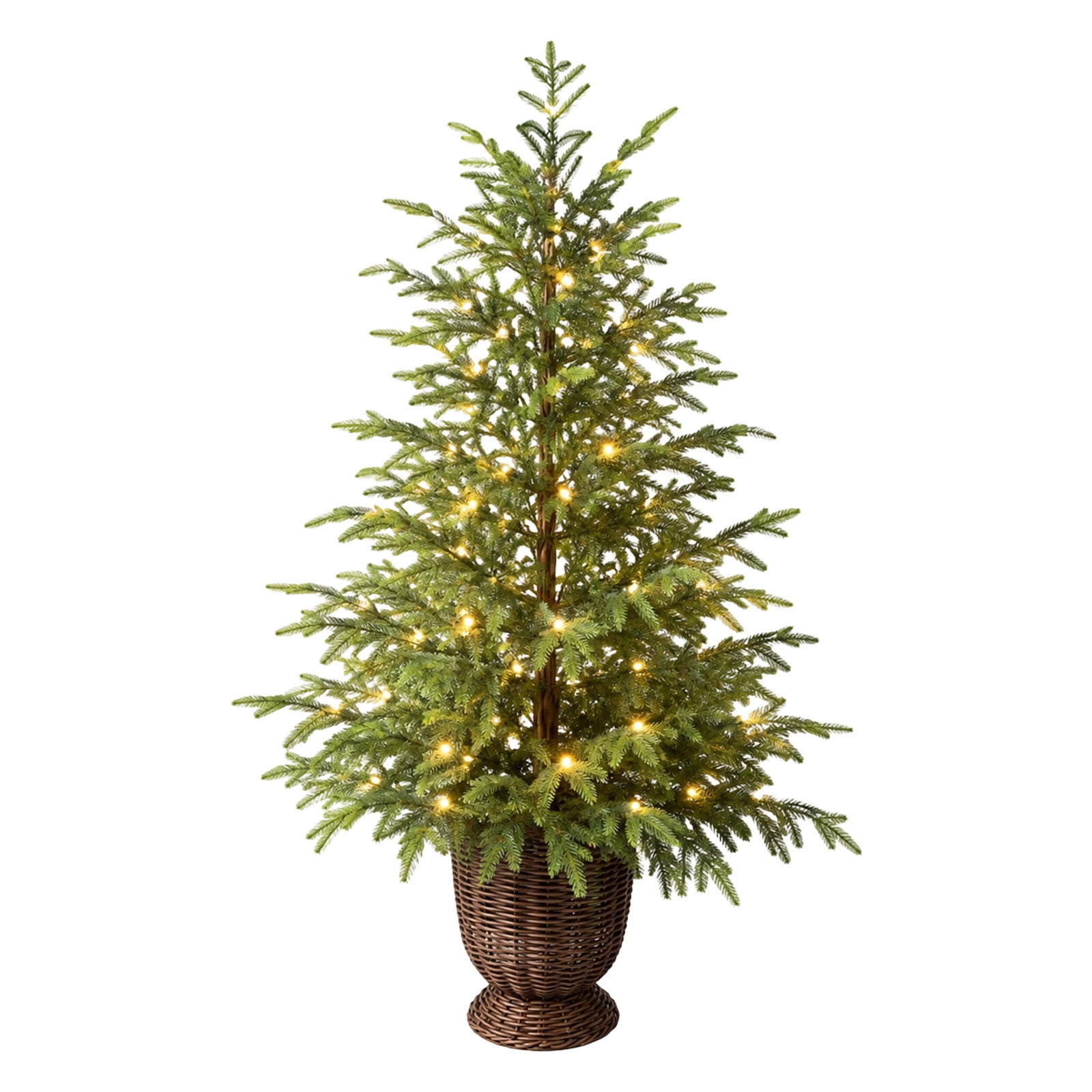 Potted Christmas Tree, 47 Inch Artificial Spruce With Woven Basket And Warm White LED Lights, For Entryway, Living Room, Porch - Style 1 - 47 Inch