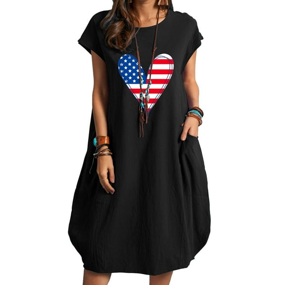OAVQHLG3B Summer Dress for Women 4th of July Outfits for Women Summer Cotton And Linen American flagPrint Casual Short Sleeve With Pocket Crewneck Loose Dress