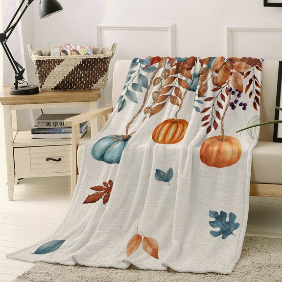 Throw Blanket Fleece Throw Blanket 30x40in, Thanksgiving Pumpkin Fall Leaves Soft Lightweight Bed Blankets Farm Maple Leaf Retro Linen Fuzzy Couch Blankets for All Season
