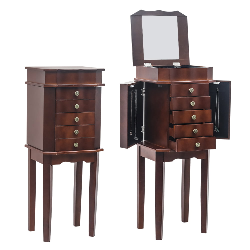 Standing Jewelry Armoire with Mirror, 5 Drawers & 6 Necklace Hooks, Jewelry Cabinet Chest with 