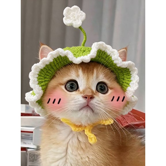 Cute Flower Crochet Pet Bucket Hat, Hand Knitted Floral Sun Hat Adjustable Neck Strap Headwear for Small Dogs Cats Holiday Photo Prop Accessories
