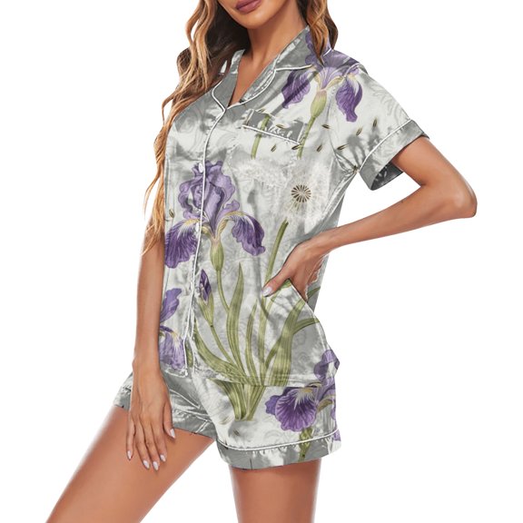 Womens Christmas Print Satin Loungewear Set Short Sleeve Button Front Shirt Elastic Waist Shorts Soft Breathable Home Night