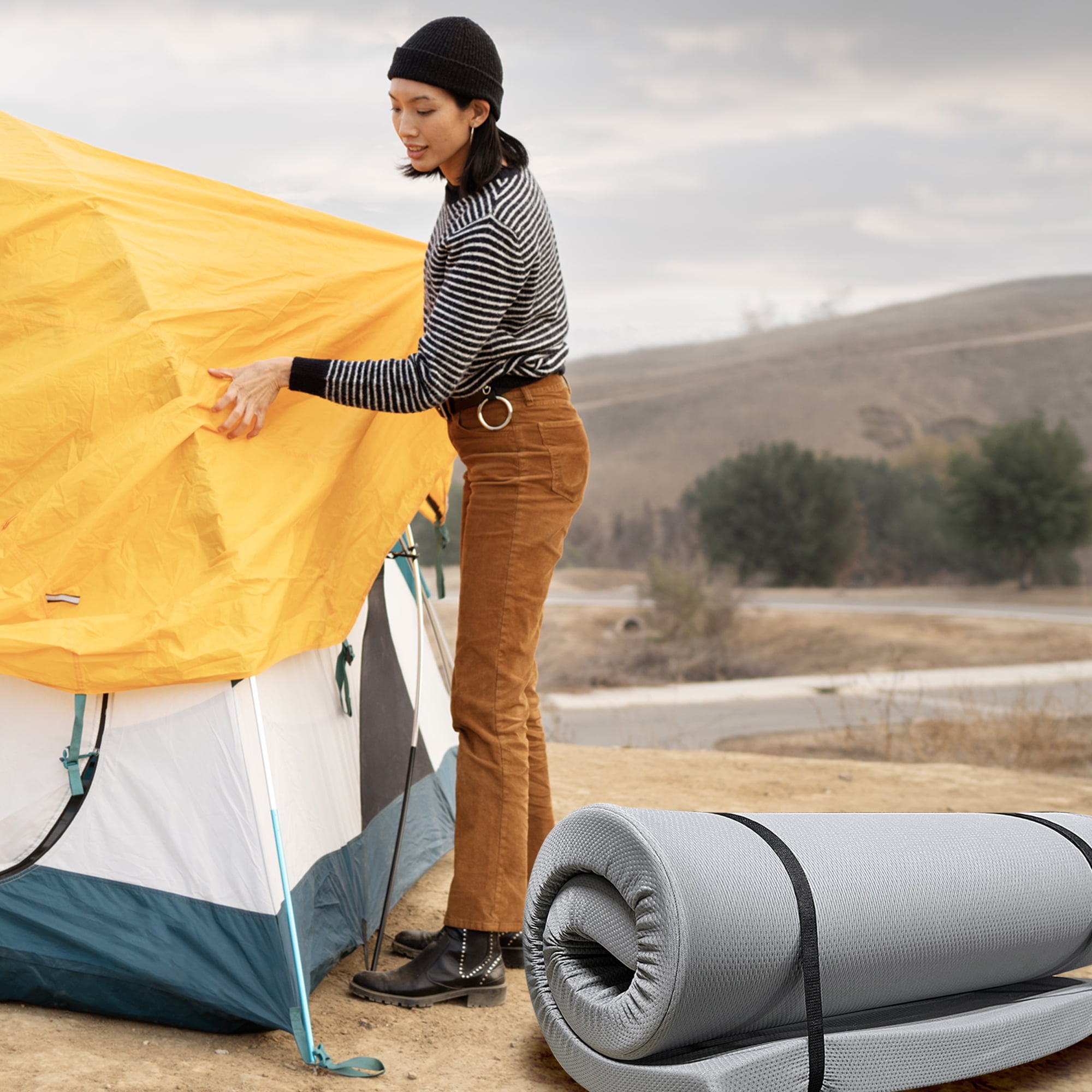 Yoneston Memory Foam Camping Mattress Pad, Portable Roller Sleeping Pad for RV Car Tent Camping SUV Outdoor Cot Mattress, Gray 75"x30"x4"