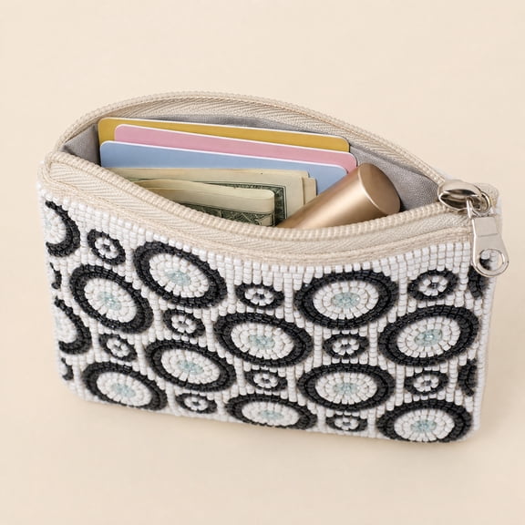 BSJJY Handmade Beaded Coin Purse A 5.1x3.9 Inch, Zipper Closure Small Fabric Pouch for Cards Keys, Bohemian Mini Wallet