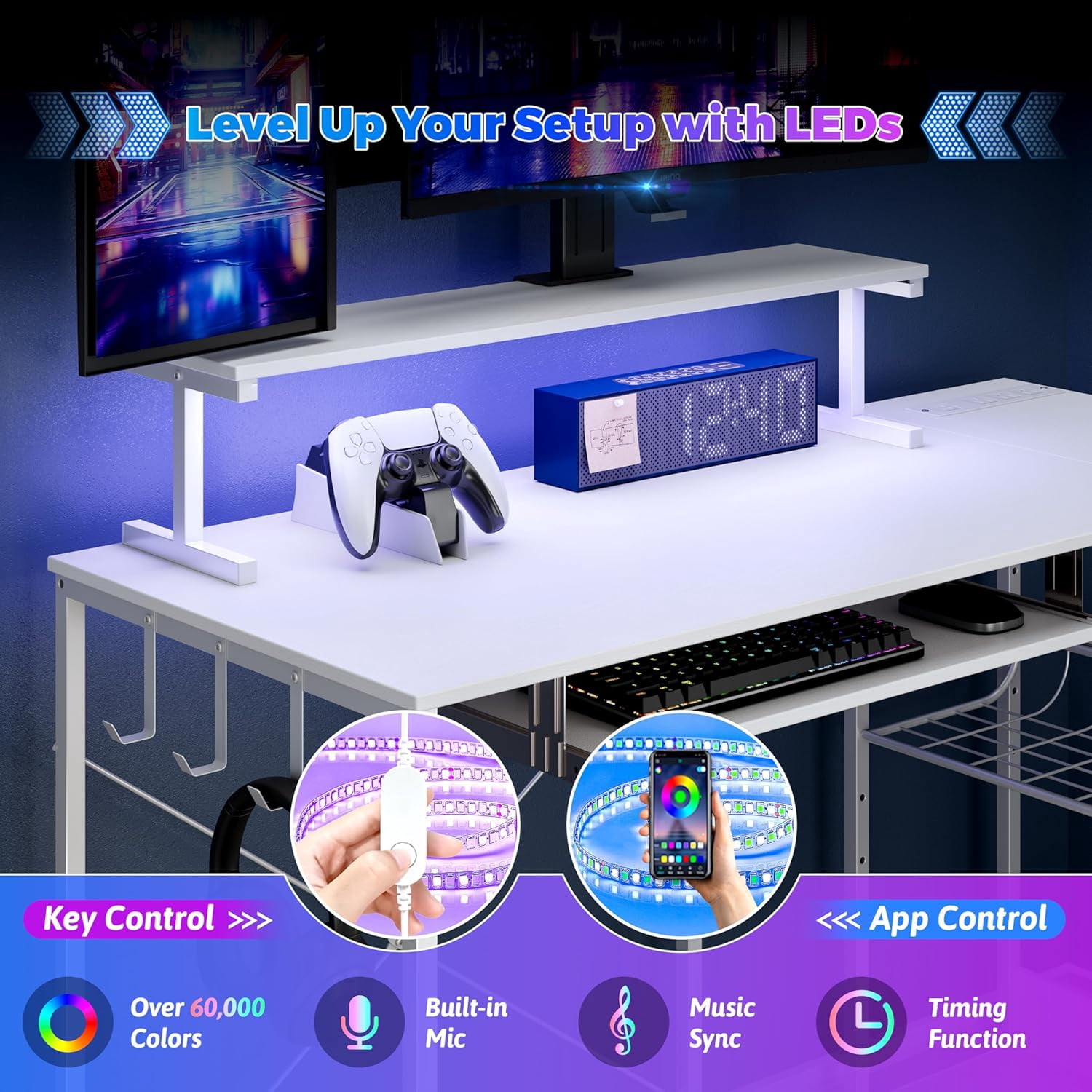 FANRAL L Shaped Computer Gaming Desk with Monitor Stand,LED Light & USB Power Outlet,Reversible Shelves Corner Desk with Keyboard Tray for Home Office Study,White Computer Desk