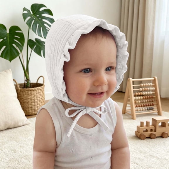Baby Ruffle Brim Bonnet with Tie Straps, Airy cotton gauze, Secure fit for outdoor walks, beach trips and daily outings, 0-3 Years White