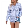 thumbnail image 3 of Camisas A Rayas con Botones para Mujer, Blusas Casuales de Larga con Cuello en V y Bolsillos Azul Real L, 3 of 6